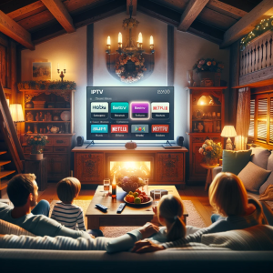 Family watching IPTV in a traditional living room.